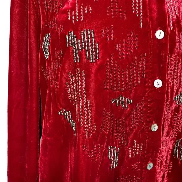 Sundance Velvet Embroidered Beaded Button Up Tunic Red Women Medium - Picture 6 of 9